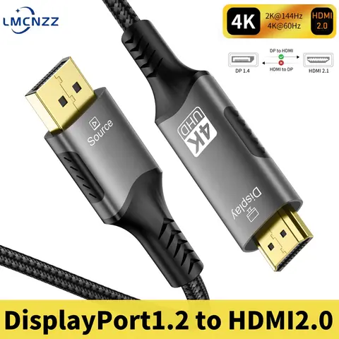4K DisplayPort to HDMI 2.0 Cable 4K@60Hz 2K@144Hz DP to HDMI Adapter Braided  Unidirectional for PC Laptop Monitor TV Projector