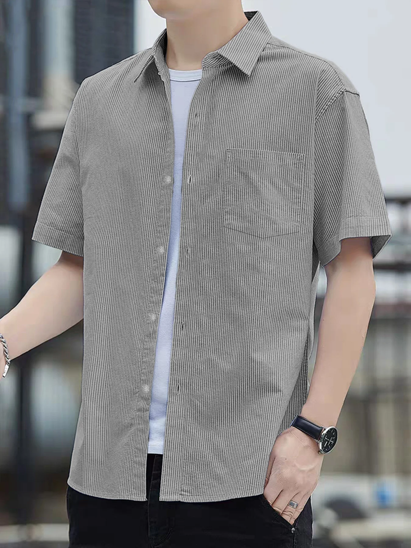 قميص رقيق مخطط بأكمام قصيرة، قميص رجالي عصري كاجوال بأكمام قصيرة لفصل الربيع والخريف