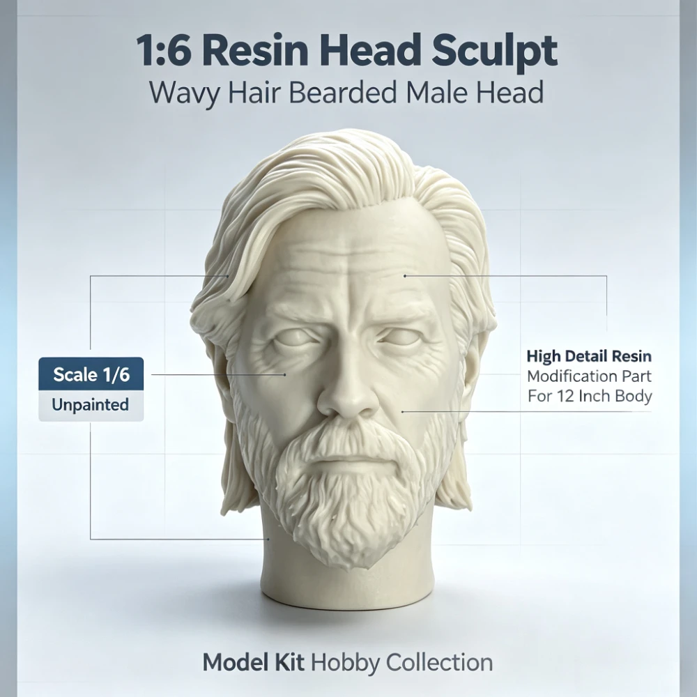 1/6 Scale Wavy Hair Bearded Male Resin Head Sculpt Unpainted Carving Accessory for 12 Inch Action Figure Custom Modding