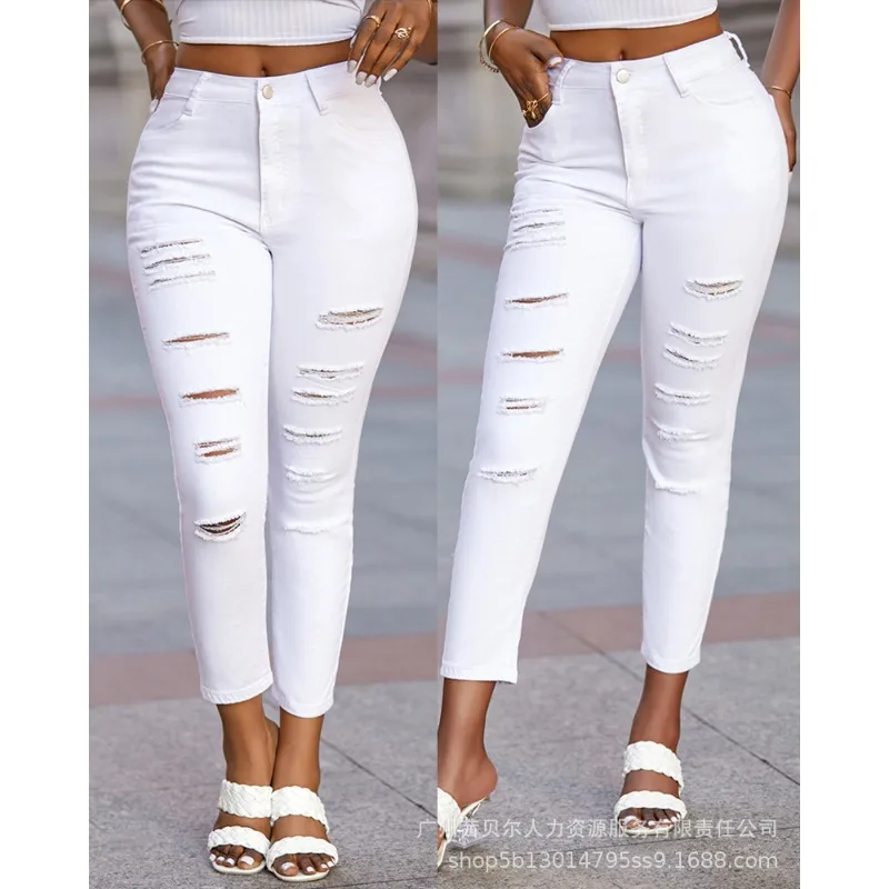 Denim Skinny Ankle-Length Pants Ripped Y2K Women's High Waist Summer Jeans Stretch Ripped Ankle-Tied Denim Trousers Jean