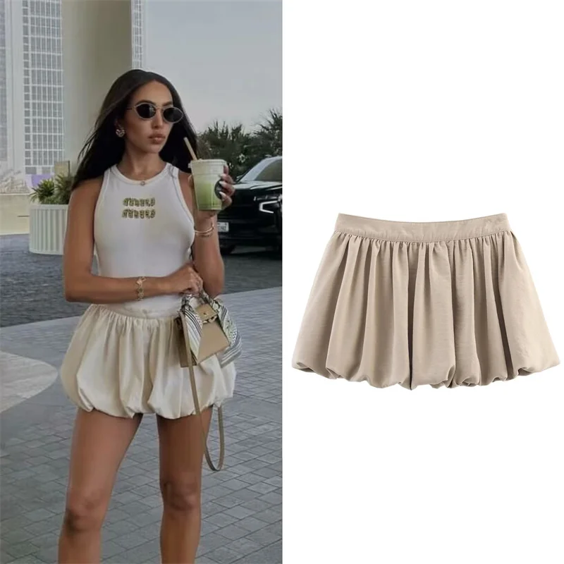 

2025 Women's New Skirt Summer Khaki Balloon Hem Lantern Mini Skirt Casual Fashion Personality and Versatility