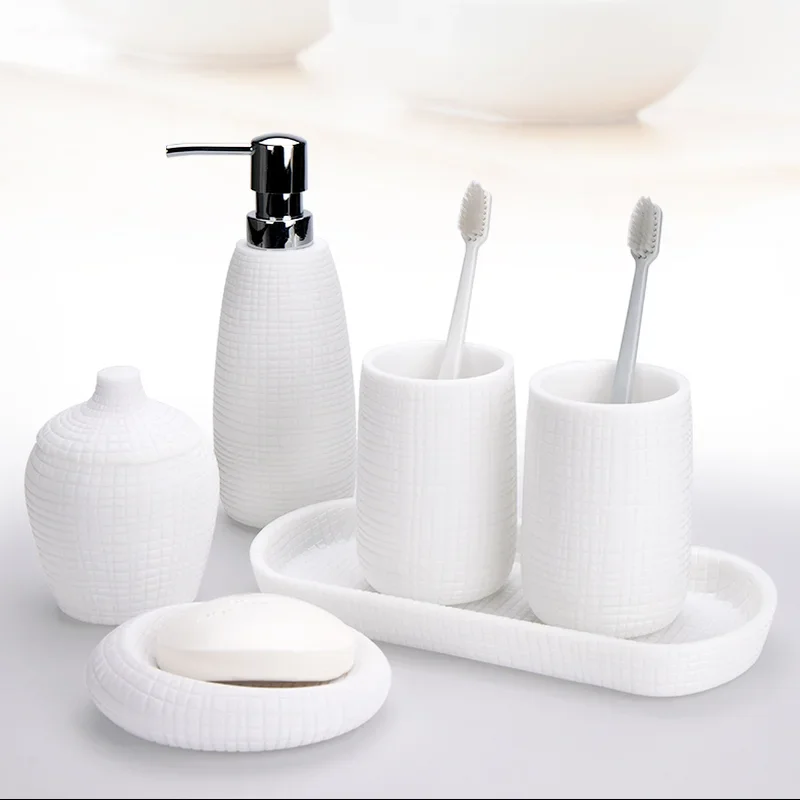 White Resin Bathroom Wash Supplies Five Piece Set Cotton Swab Box Lotion Bottle Soap Dish Toothbrush Holder Mouth Cup