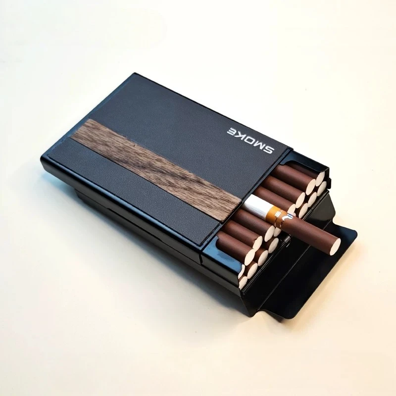 Premium Walnut Wood Metal Cigarette Box, Sliding Lid Storage Case, Fit Slim, Regular & Medium Size Cigarettes