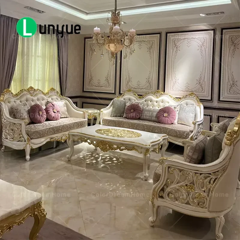 Royal French Style Fabric Sofa Set with Wooden Frame Durable Soft Living Room Hotel Villa Furniture Elegant Trim Design