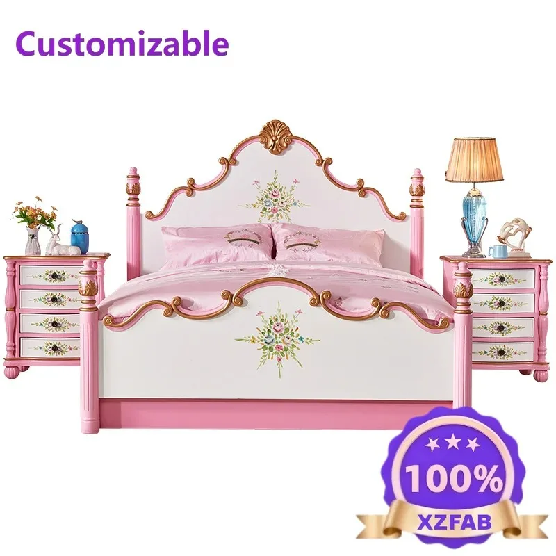 Factory Direct 2026 Girl pink painted solid wood bed girl bed master bedroom European double bed 1.81.5 meters