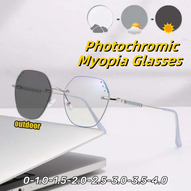 

Photochromic Frameless Ultra Light Comfortable Myopia Glasses Advanced Diamond-cut Rimmed HD Anti Blue Light Eyeglasses