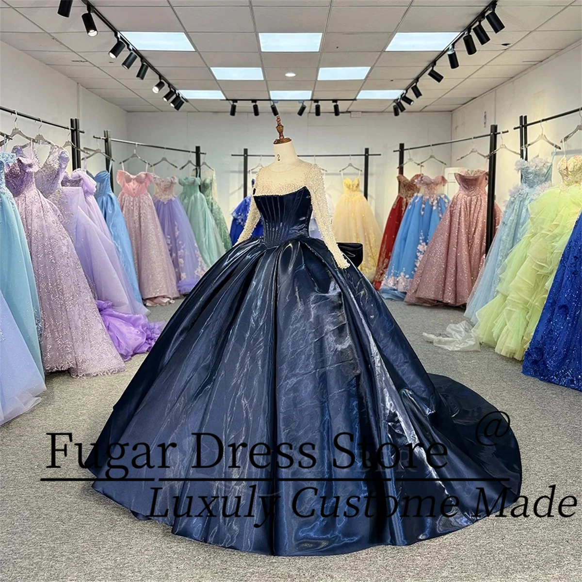 فساتين سهرة على طراز الأميرة مقاس مخصص للفتيات من الساتان بأكمام طويلة لؤلؤ فستان رسمي من Vestidos de15 quinceaÑ #3