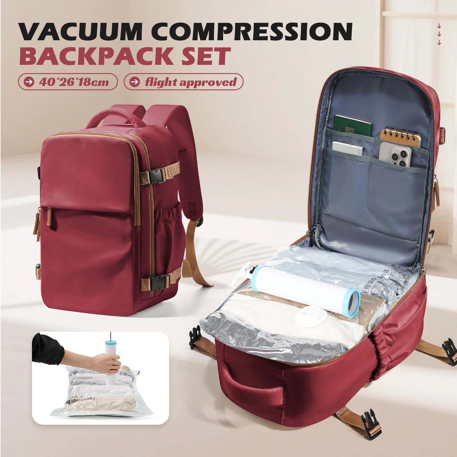 Vacuum Storage Bags With Travel Backpack for Men Women, Air Vacuum Backpack for Travel Airplane, Ryanair 40x20x25 Cabin Backpack