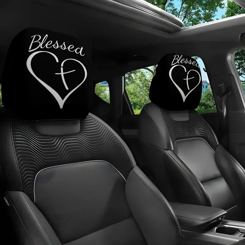 1pcs White Cross Heart, Blessed Letter Printed Car Headrest Covers, Washable And Easy to Install