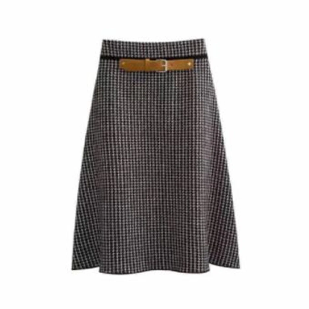 Houndstooth Faldas Knit Skirt Stretch Jupe Belt Fall Winter Plaid Skirt For Women Vintage Wool Skirts Spring Ol Elegant Mujer