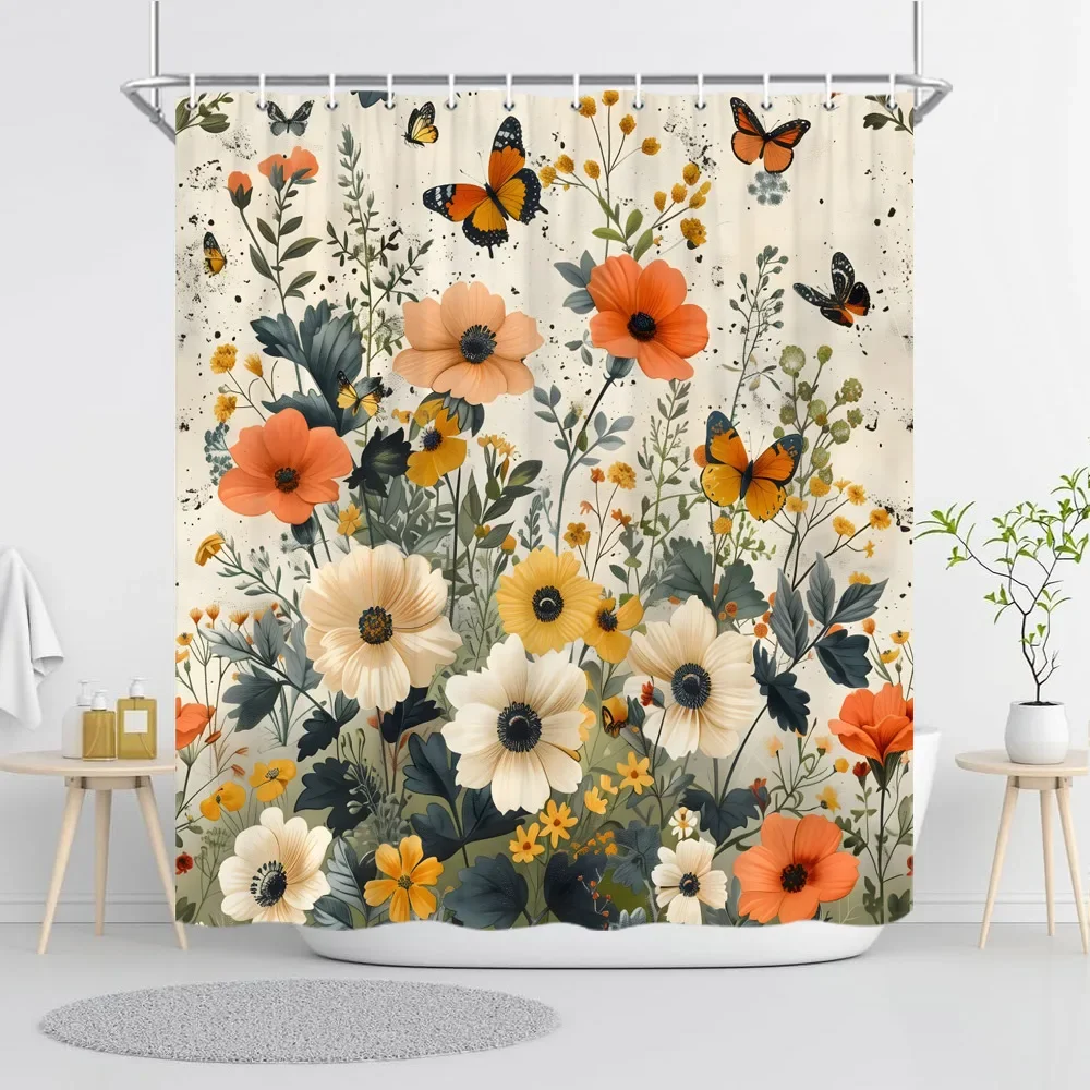 Pretty Vintage Floral Print Shower Curtain Rustic Rustic Botanical Polyester Fabric Shower Curtains Bathroom Decor with Hooks