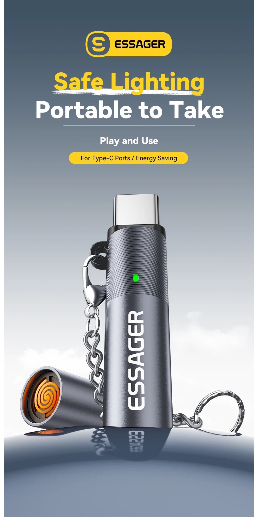 Essager Type C Mini Lighter Tungsten Wire Blow-to-Ignite Safety for Air Travel No Flame Auto Shut-Off OTG-Compatible with Phones