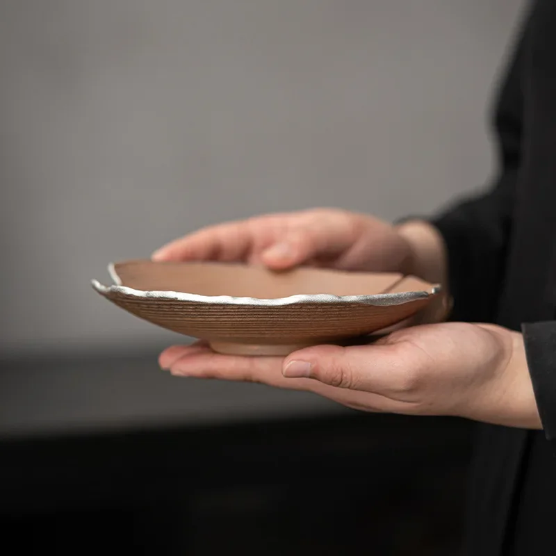 Empty Zhai Pot Tray Old Rock Clay Silver Gilded Stoneware Water Drop Container Dry Pour Plate Cup Mat Tea Tray Fruit Plate view 4