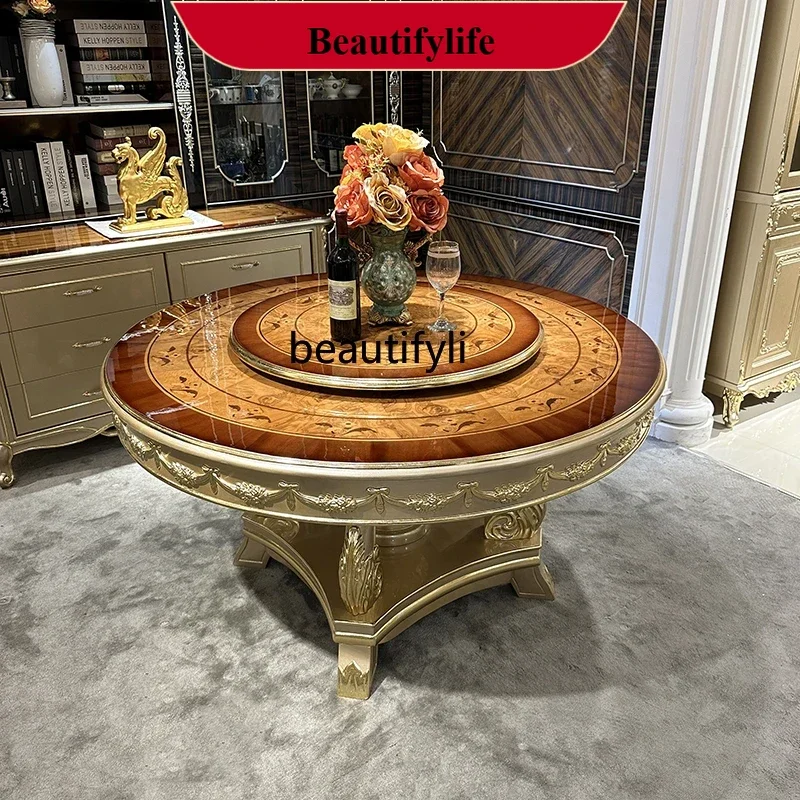 z183  French solid wood round dining table and chair combination, European luxury champagne gold carved dining table for home us