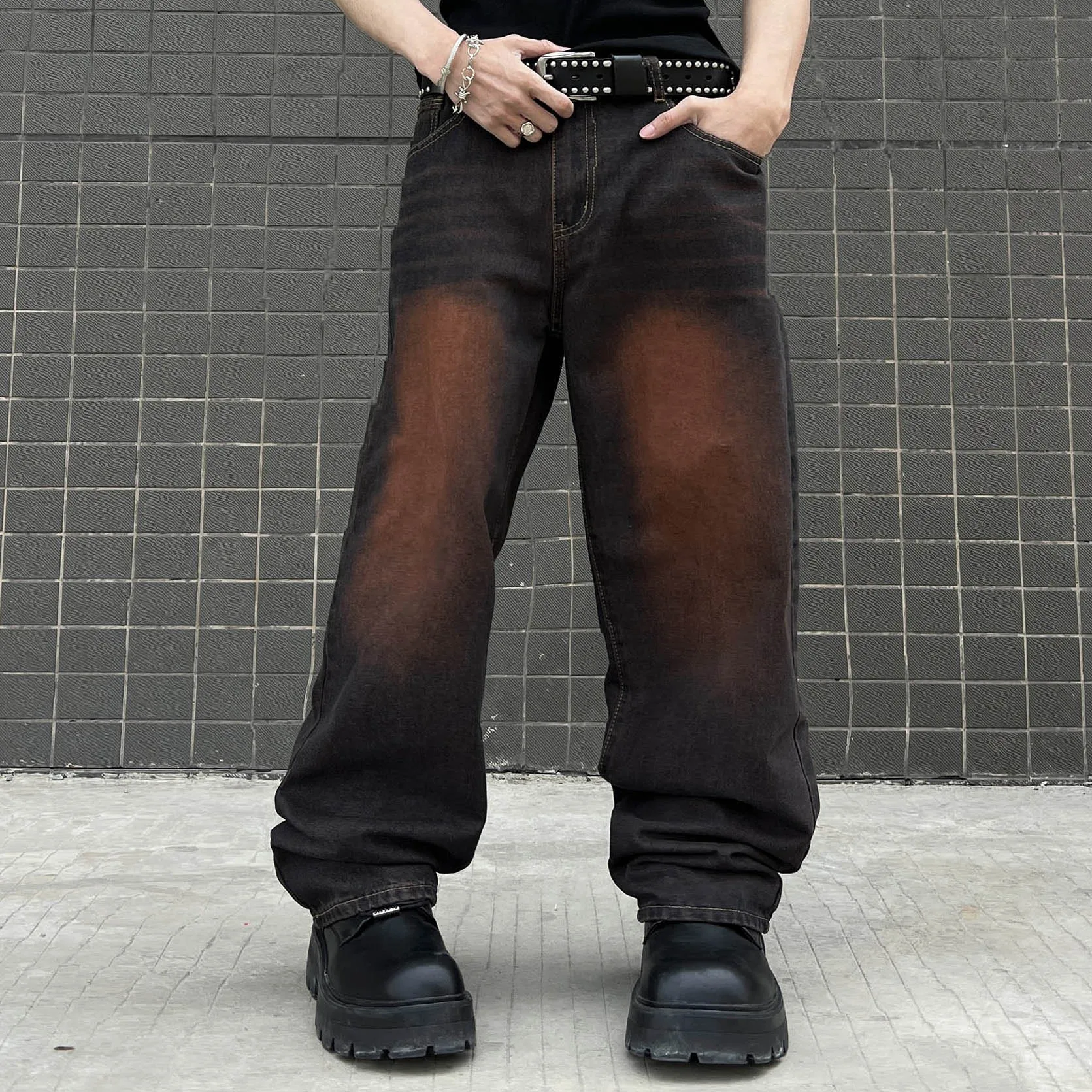 

Summer Men's Street Dark Straight Leg Wide Leg Denim Pants American Autumn Retro Distressed Washed Casual Floor-Length Pants