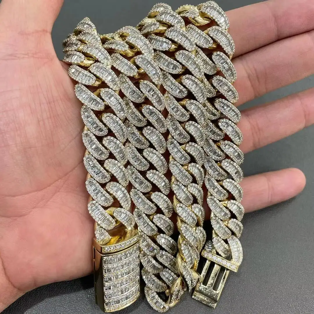 Luxury Trendy Top Quality Round Cut Moissanite Chain Gold Plated Chain 18mm Iced Out Hip Hop Chain Iced Out Cuban Link.