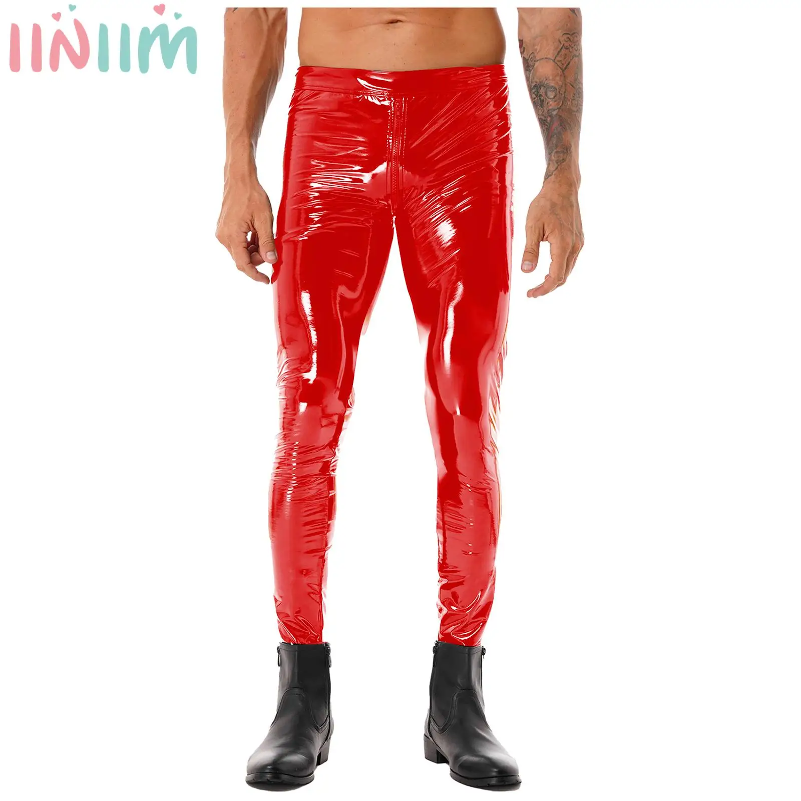 

Mens Pole Dance Pants Zipper Crotch Trousers Club Party Stage Performance Wet Look Patent Leather Skinny Pants Clubwear Leggings