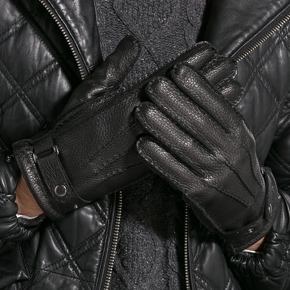 GOURS-guantes de cuero auténtico para hombre, manoplas de piel de ciervo auténtica, forro polar, cálido, suave, botones de moda, conducción, nuevo,