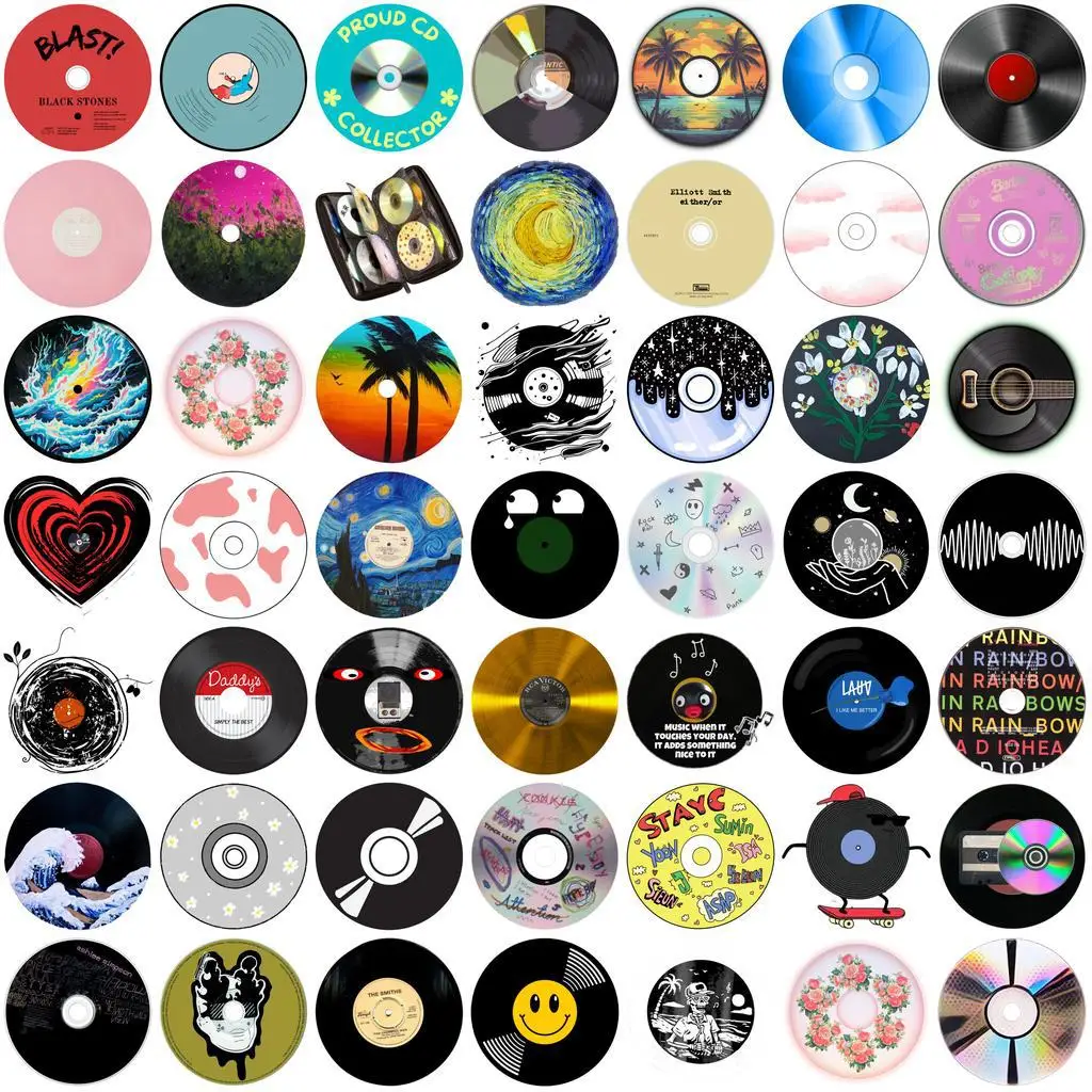 54Pcs Vinyl CD Record Graffiti Stickers Waterproof PVC Decals for Luggage, Skateboards, Water Bottles and Laptops