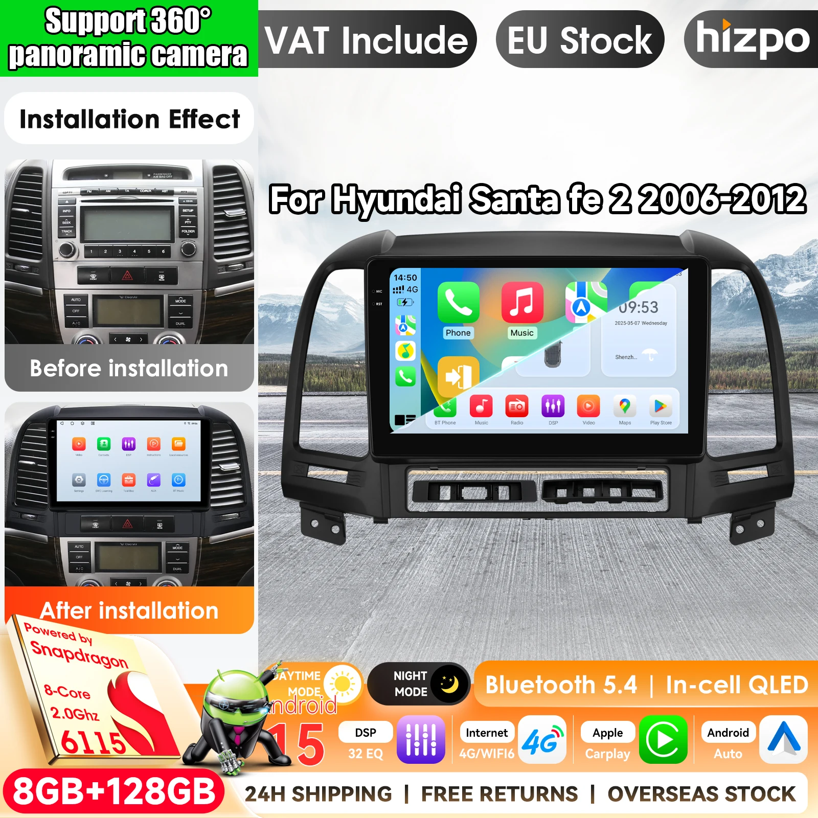 Android 15 Autoradio für Hyundai Santa Fe 2 2006-2012 Carplay 4G Auto-Multimedia-Player GPS-Navigation 2 Din Autoradio Stereo BT