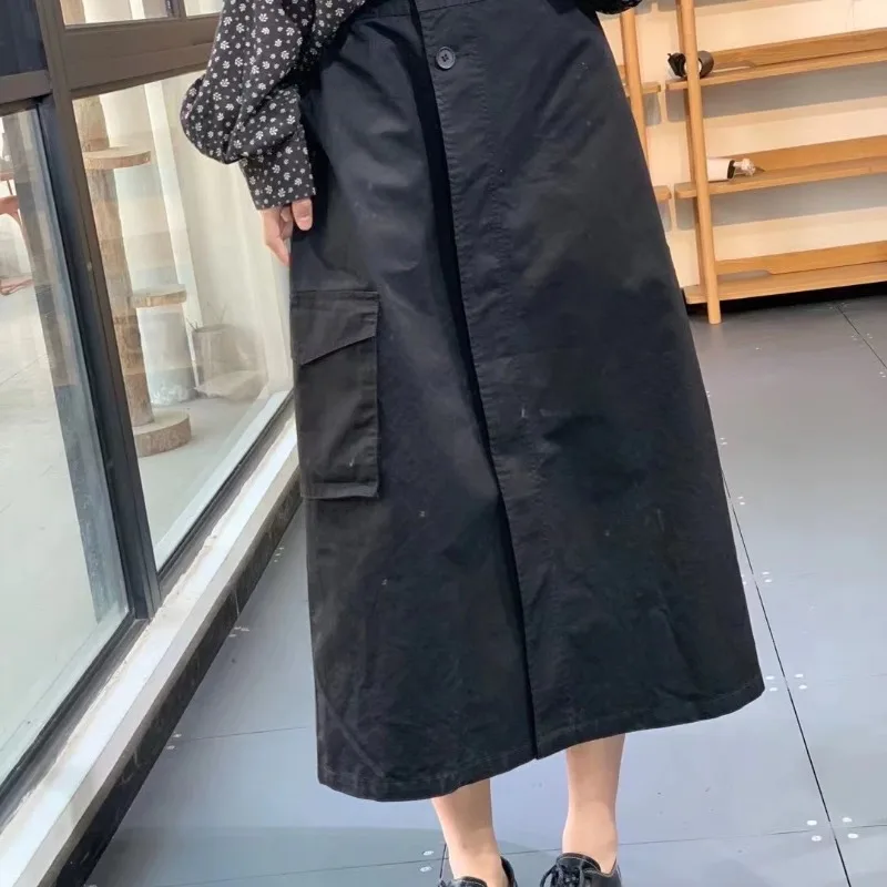 Spring Original Artistic Korean Loose Pocket Slimming Workwear Style Age-Defying Versatile  Color Half-length Skirt