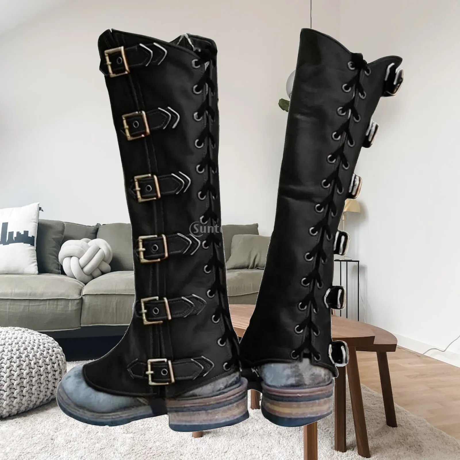 Medieval Boot Covers for Men Women PU Leather Lace Up Barbarian Boot Cover with Buckle Straps Gothic Cosplay Costume Accessory
