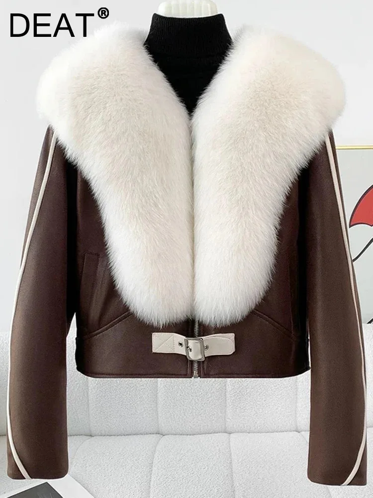 

DEAT Fashion Women's PU Leather Jackets Coat V-neck Faux Fur Patchwork Contrast Color Short Female Coat Autumn 2024 New 15C699