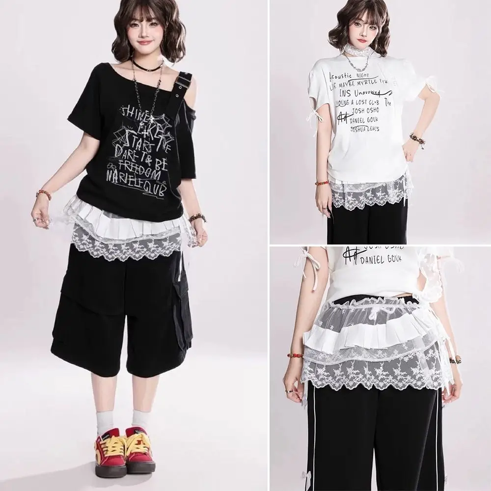 

Jeans Pants Decor Embroidered Flower Lace Mini Skirt Irregular See Through Ruched Skirts Harajuku Y2K Streetwear Butt Curtain
