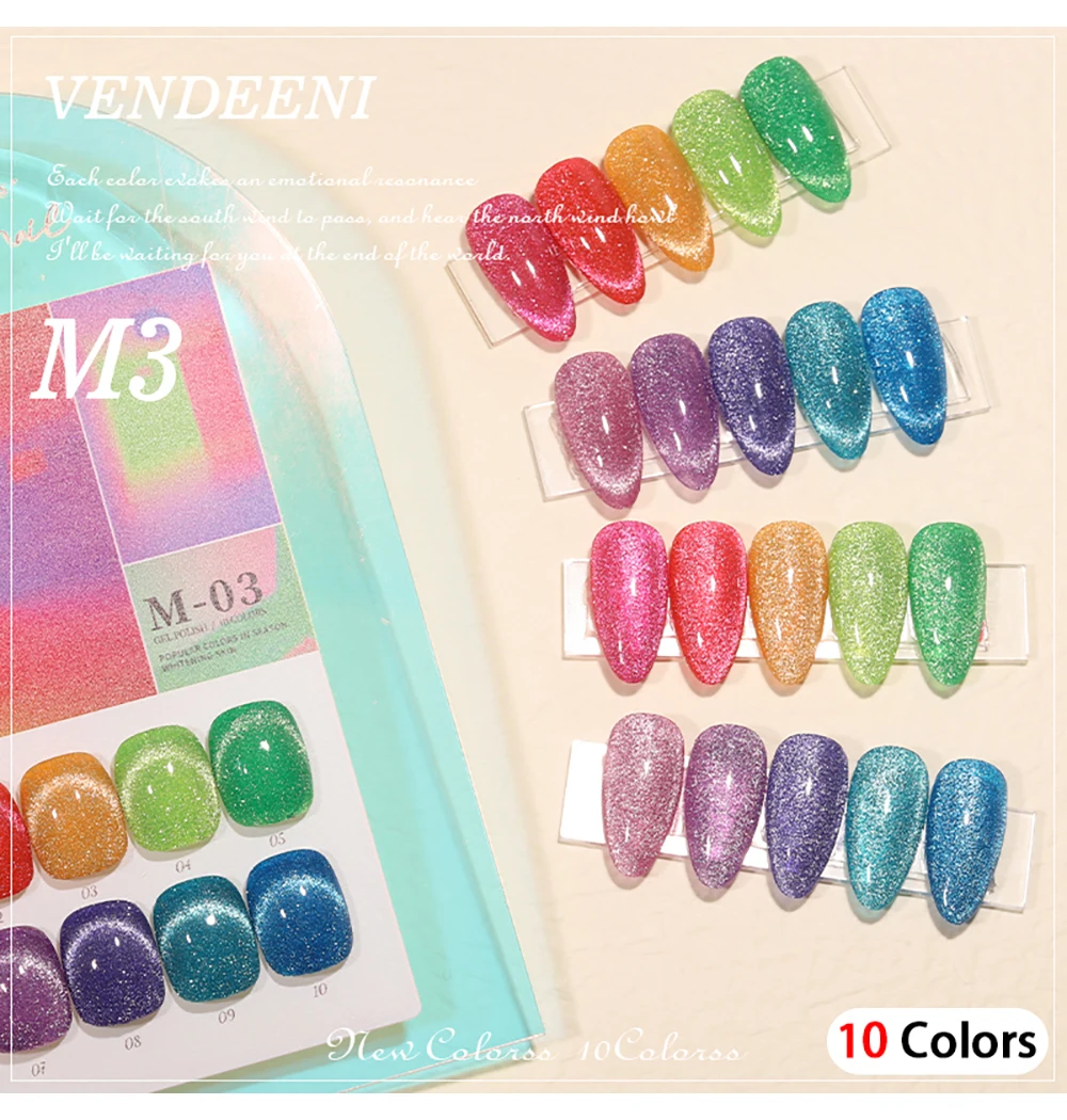 Vendeeni 10 Farben/Set Fluoreszierender Diamant-Katzenaugen-Gel-Nagellack Glitzer Magnetischer UV-Soak-Off-Gel-Lack mit Display – Detail 10
