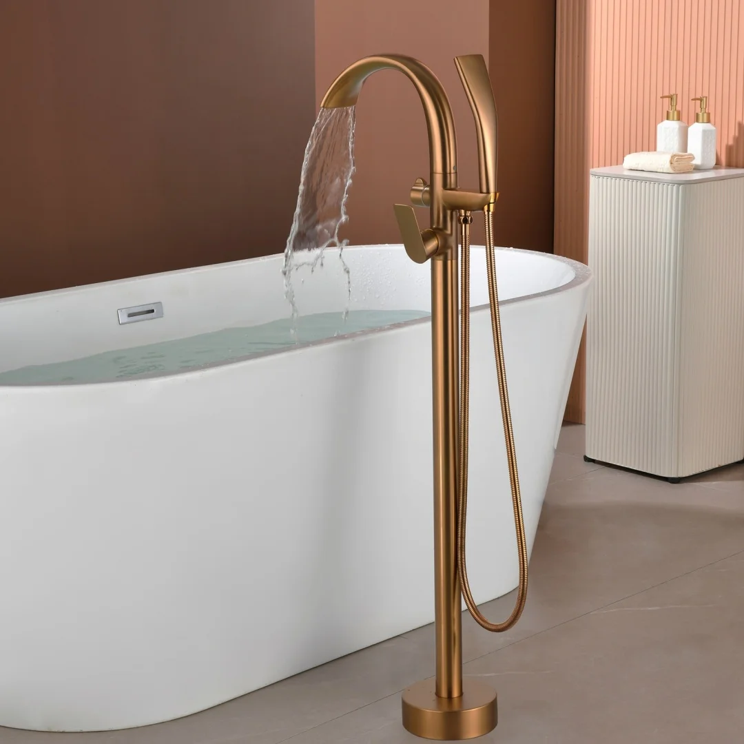

Brushed Rose Gold Floor Standing Bathtub Faucet Set Brushed Gold Brass Waterfall Bathtub Mixer Morden Style Grey Bathroom Taps