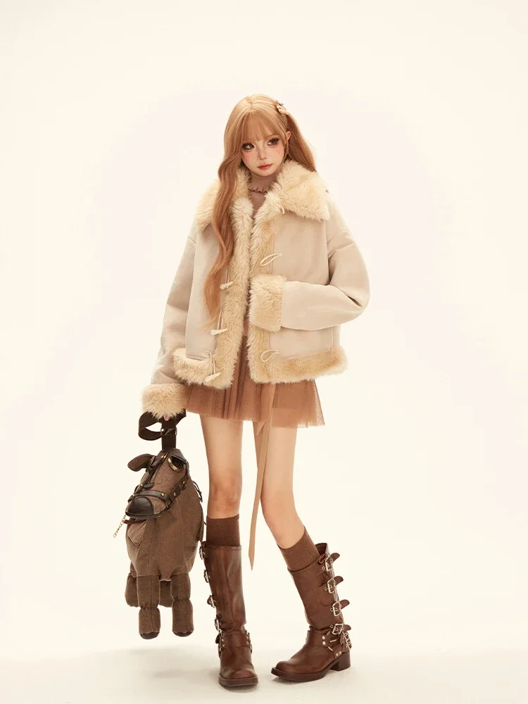 ญี่ปุ่นElegant CommuterแขนยาวPlush Suede Splicing Hornหัวเข็มขัดหนาWarm Faux Fur Coatsแจ็คเก็ตผู้หญิงฤดูหนาว