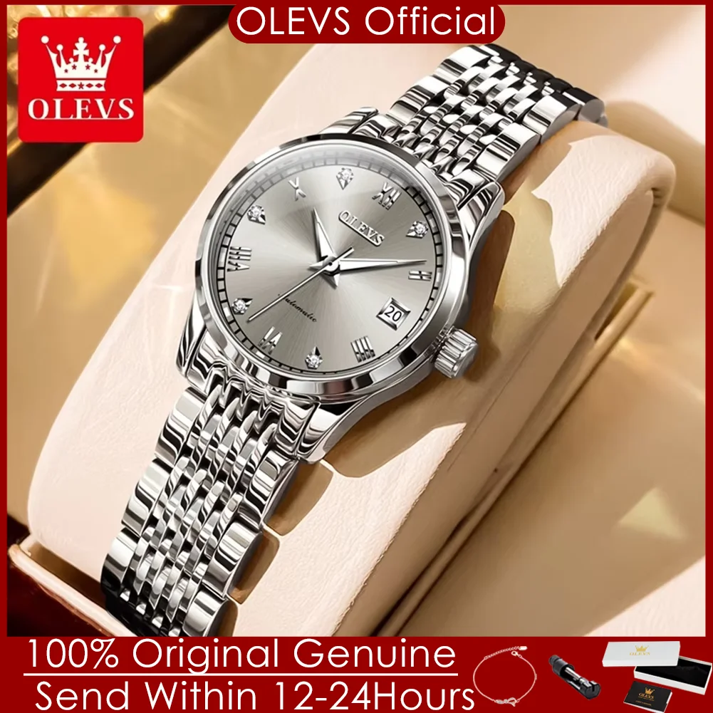 

OLEVS 6602 Оригинальные автоматические женские часы из нержавеющей стали с автодатой, водонепроницаемые, роскошные, с бриллиантовым циферблатом, деловые наручные часы для женщин