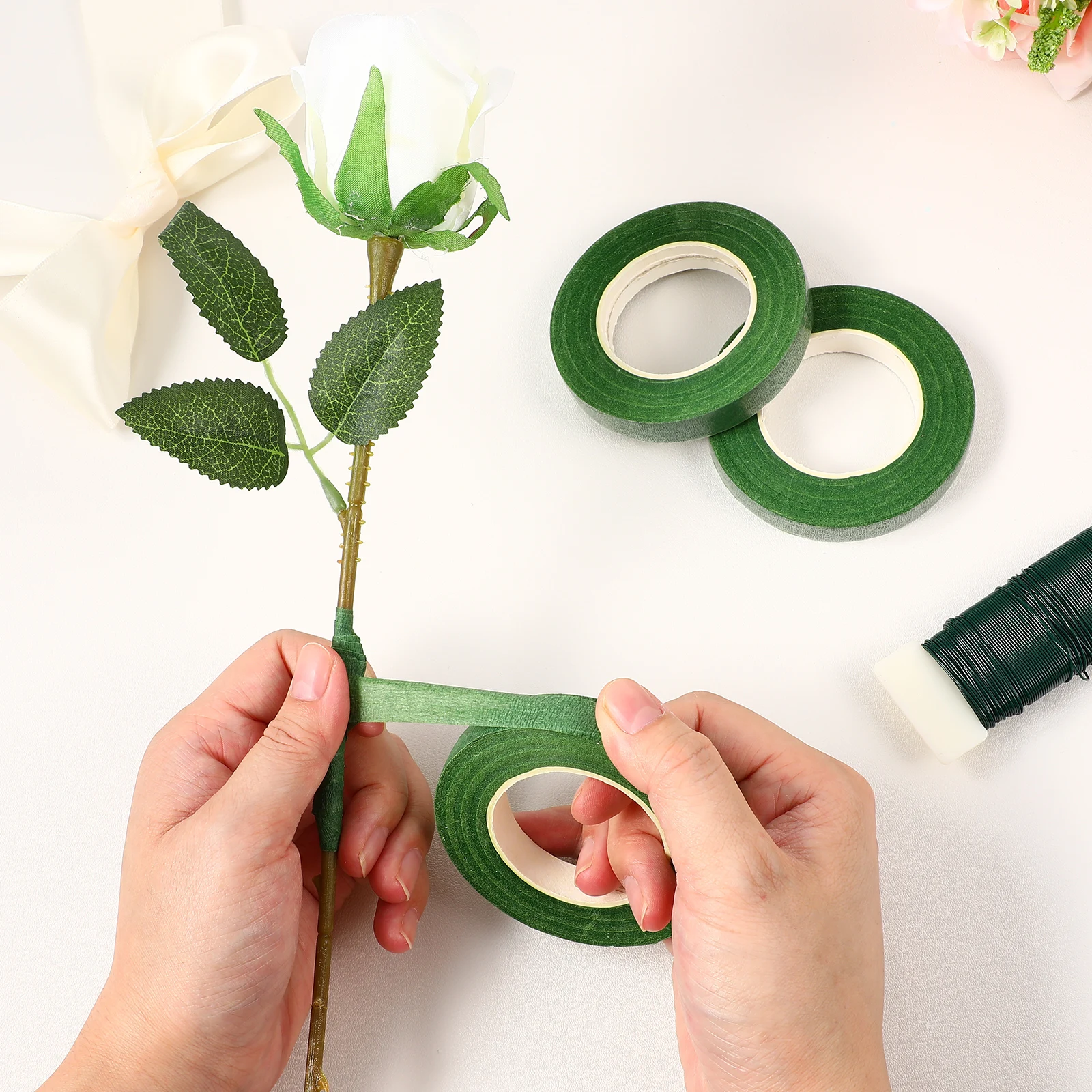 

Floral Tool Set 5 Rolls Deep Green Tapes 1 Wire Wreath Making Supplies DIY Home Decor Packaging Tape