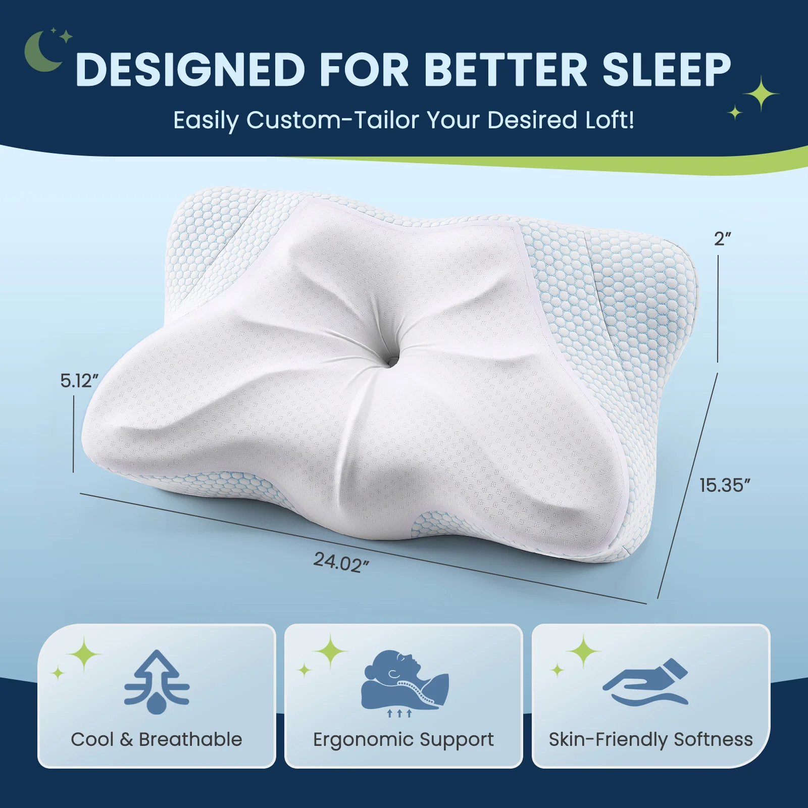 JHK Ergonomic Queen Size Cervical Contour Pillows For Neck 1 Pack Pain Relief Memory Foam Bed Pillow with Cooling Pillowcase