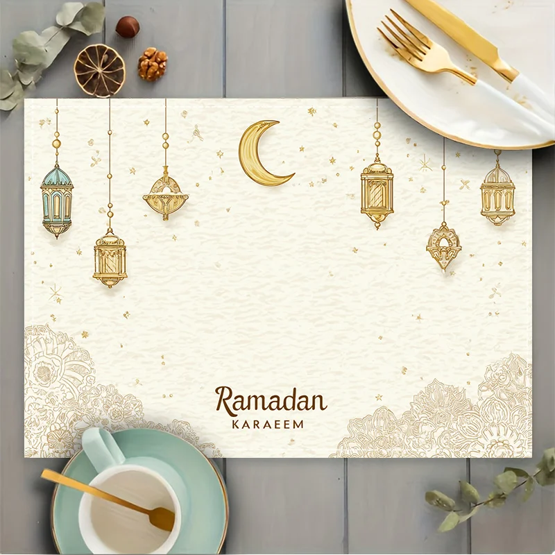 2pc Eid AlFitr Placemats | Golden Lanterns And Crescent Moon Design.X7.7inRustic Bowl Plate Mat For KitchenSoft And Durable Poly