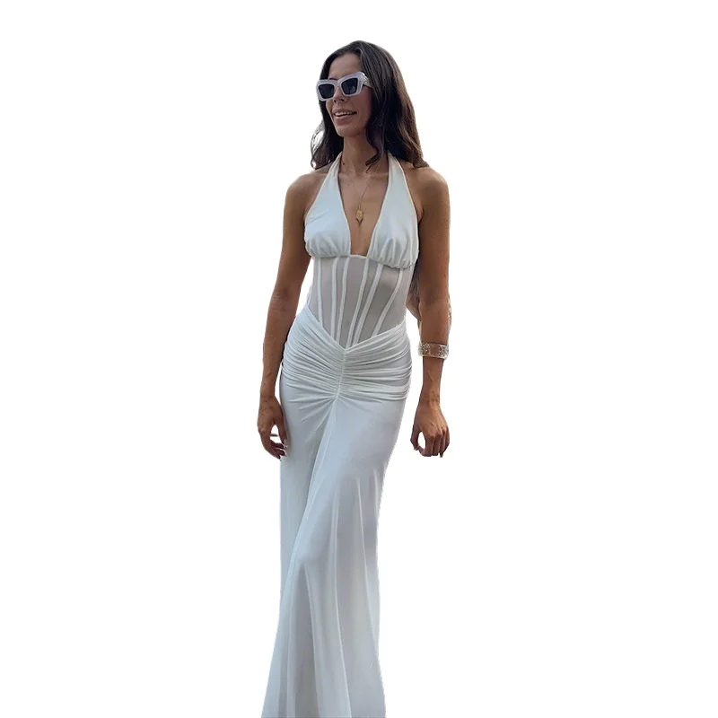 Elegant White Long Curvy Dress Women's Halter Deep V Backless Black Mesh Ruched Maxi Dresses Evening Party Cocktail Robe Summer - AliExpress 200000345 Elegant White Long Curvy Dress Women's Halter Deep V Backless Black Mesh Ruched Maxi Dresses Evening Party Cocktail Robe Summer - AliExpress 200000345