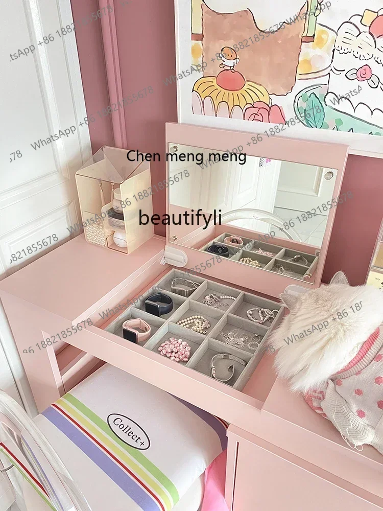 

ss7486 Dopamine Pink Flip Dressing Table with Six Drawers Integrated Storage Wardrobe French Bedroom Rear Storage Corner Table