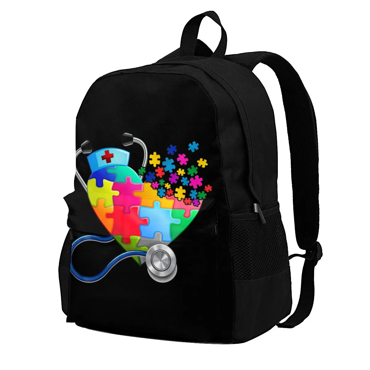 Cute Nurse Heart Puzzle Autism Awareness Men Women  Large Capacity Backpack Print  Backpacks