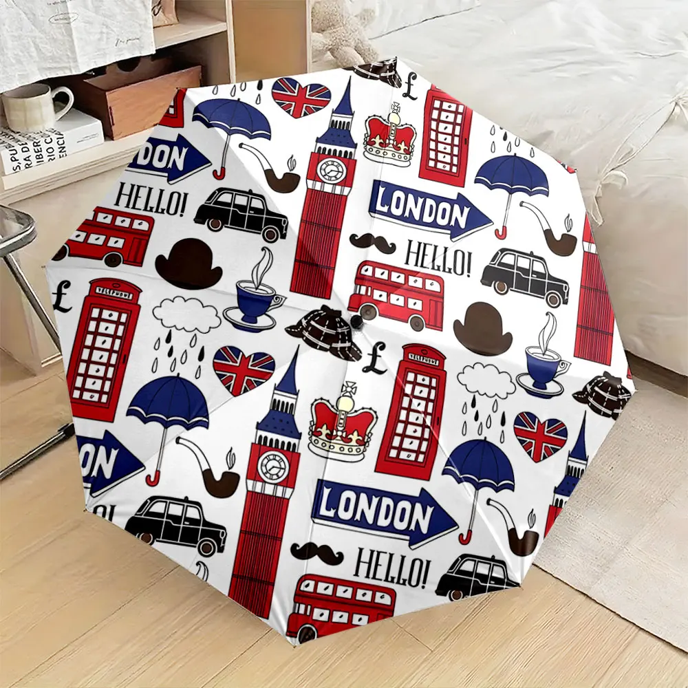1PC London Theme Umbrella with Iconic UK Symbols Print 8 Iron Ribs Folding Umbrella Auto-Open Fashion Sunshade