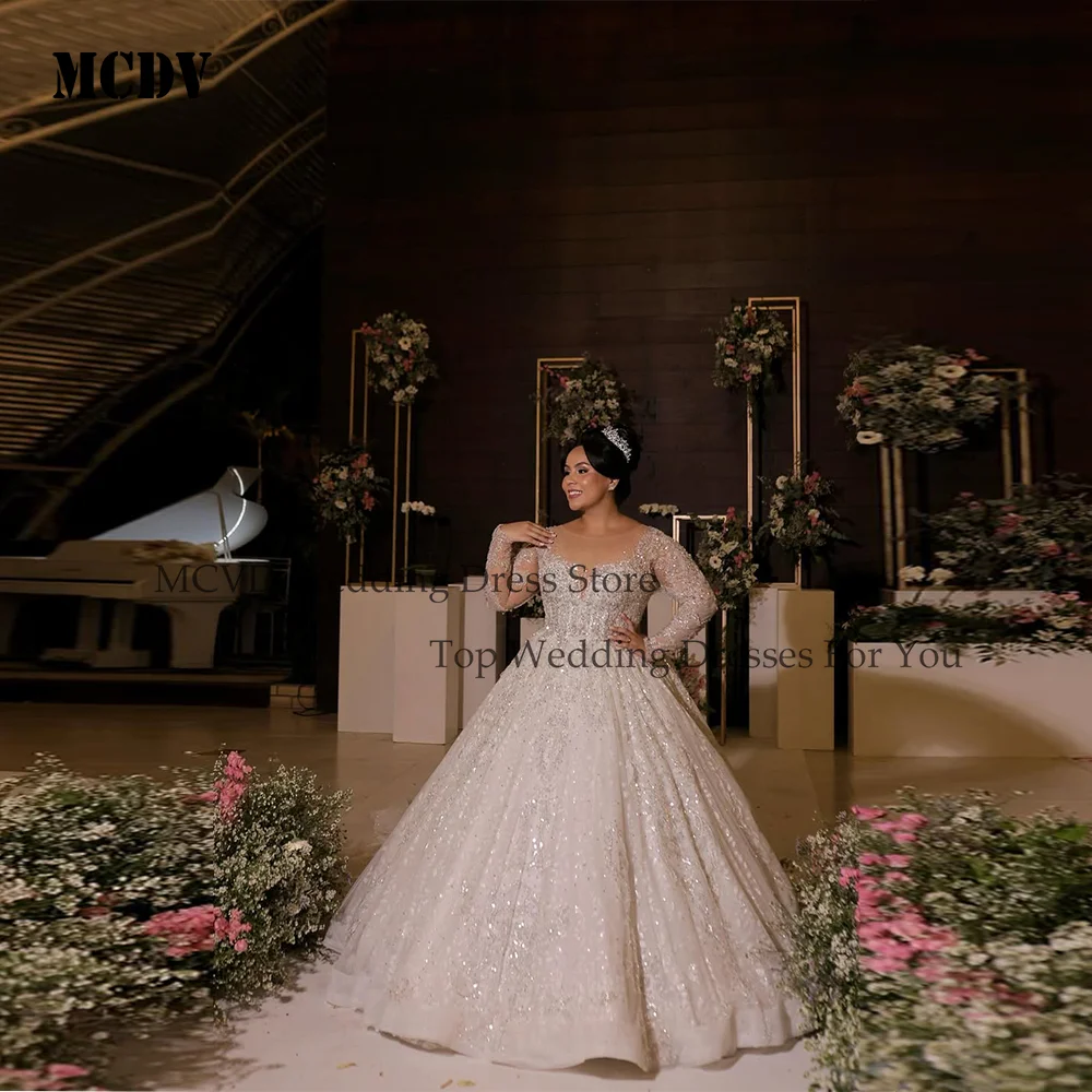 

MCDV Свадебные платья по индивидуальному заказу с блестками и жемчугом, свадебные бальные платья трапециевидной формы с длинными рукавами, платье принцессы невесты Vestidos De Novia
