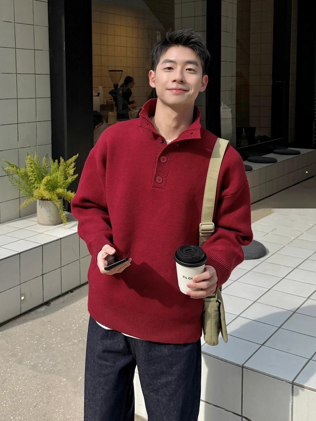 

Красный вязаный свитер с высоким воротником для мужчин, зимняя модная верхняя одежда, дышащий, теплый, эластичный, с воротником-стойкой, на каждый день