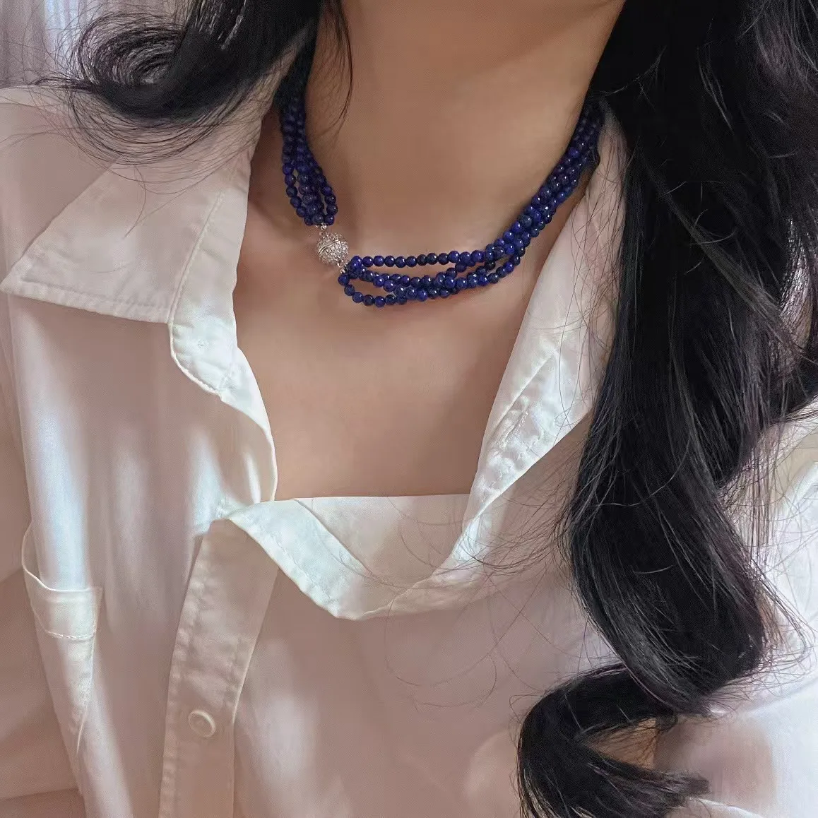 New retro multi-layer high-quality natural lapis lazuli necklace collarbone chain