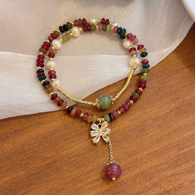 

Красочный турмалиновый нефрит для женщин, стиль Ins, нишевый высококачественный браслет с кристаллами и двумя кругами жемчужных бусин, шнурок