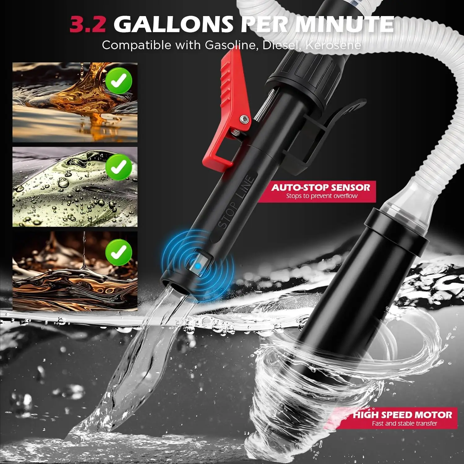 Automatic Fuel Transfer Pump with Auto-Stop Sensor, 3.2 GPM Flow Rate, Battery Operated for Gasoline, Diesel, Oil