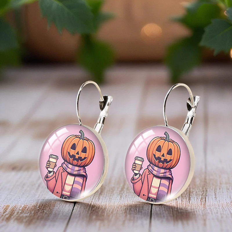 2025 موضة جديدة اليقطين رجل القهوة قرط كبس القرط المستديرة الزجاج كابوشون الفن مجوهرات مطبوعة