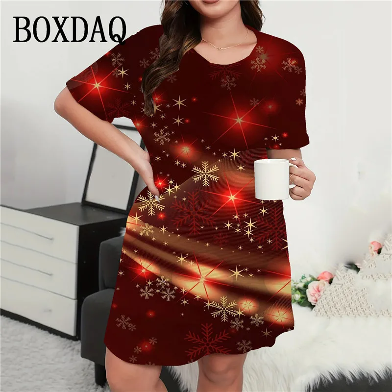 Plus Size Women Party Christmas Print Dress 2024 Fashion Christmas Style Loose A-Line Dress 9XL Casual Short Sleeve Mini Dresses