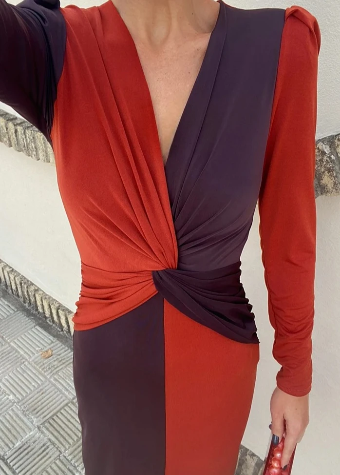 Vestidos femininos com decote em V manga comprida patchwork bodycon vestido maxi com fenda frontal e bloqueio de cores