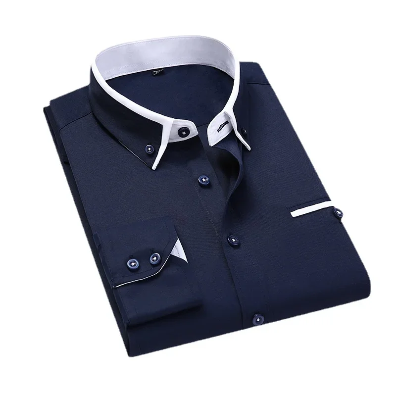 Chemise à manches longues en sergé pour hommes, robe à rayures monochromes, chemise décontractée de bureau d'affaires, chemises provoqué pour hommes, coupe couvertes, qualité