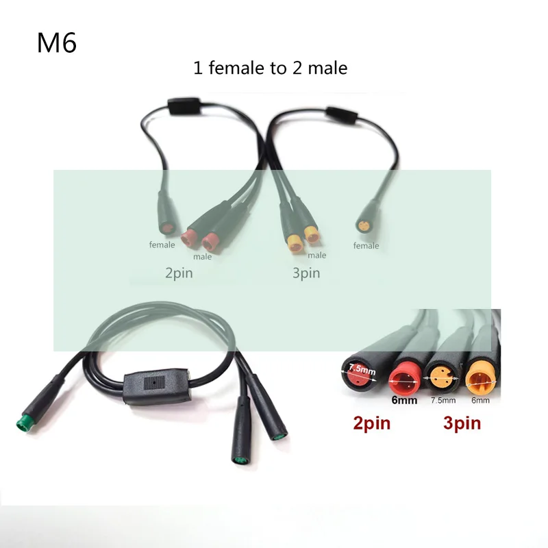 26awg 6mm M6 2 3 Pin 1 Female to 2 Male Splitter Electric Bicycle Ebike Cable Connector Waterproof Signal Sensor 40cm O21
