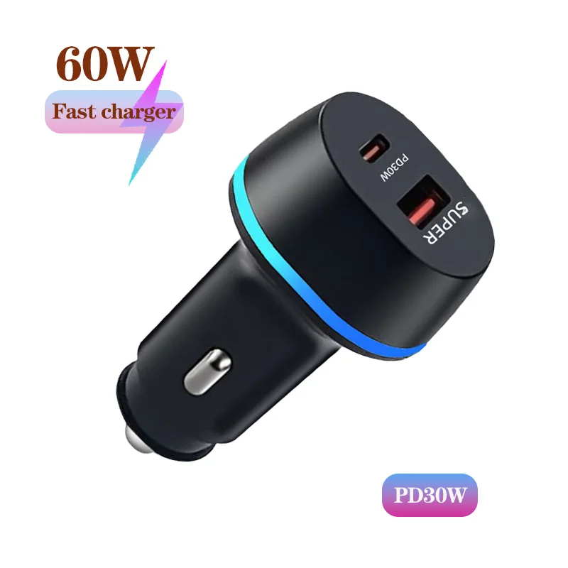 

60W 2Port USB +PD Car Super Fast charger QC3.0+PD30W for HUAWEI iPhone Samsung Xiaomi fast charging cigarette lighter adapter
